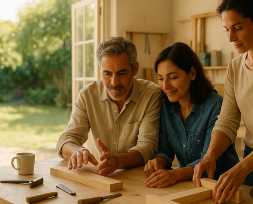 Grupo de adultos conversando al aire libre por la mañana, una imagen de encontrar tu propósito construyéndolo con otros