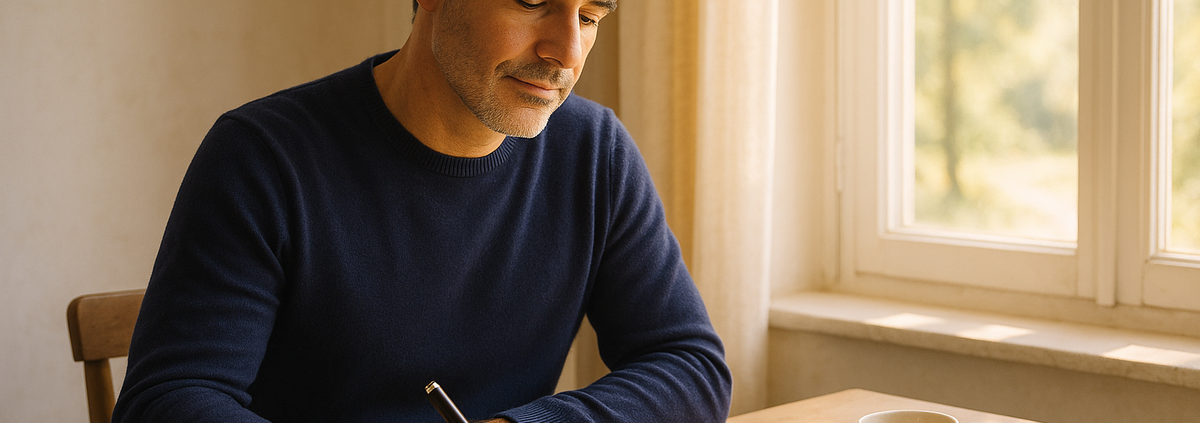 Hombre escribiendo un plan en un cuaderno junto a una ventana: consultoría transformación personal