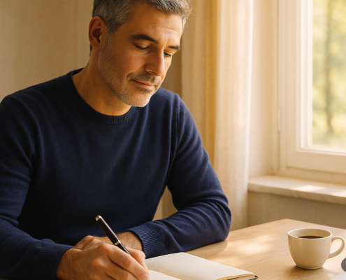Hombre escribiendo un plan en un cuaderno junto a una ventana: consultoría transformación personal