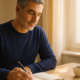 Hombre escribiendo un plan en un cuaderno junto a una ventana: consultoría transformación personal