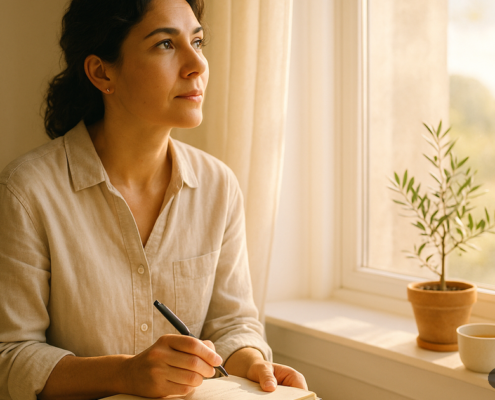 Mujer mirando una lista de nombres en un cuaderno junto a la ventana: lealtad en las relaciones