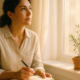 Mujer mirando una lista de nombres en un cuaderno junto a la ventana: lealtad en las relaciones