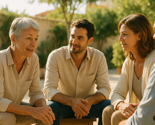 Personas adultas conversando a la luz de la mañana: crecer en comunidad como multiplicador del trabajo propio