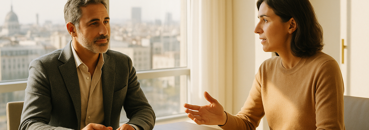 Dos directivos conversando a la luz de la mañana: admisión programa premium y criterios de trabajo