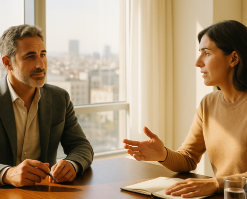 Dos directivos conversando a la luz de la mañana: admisión programa premium y criterios de trabajo
