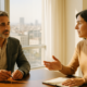 Dos directivos conversando a la luz de la mañana: admisión programa premium y criterios de trabajo