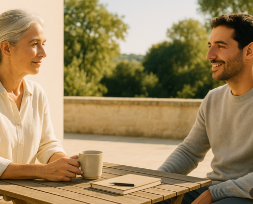 Dos adultos conversando con calma a la luz de la mañana: el perdón sana cuando se cierra lo que quedó abierto