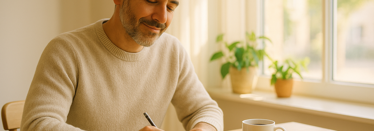 Hombre escribiendo en una libreta junto a un ventanal por la mañana: cuándo pedir ayuda profesional