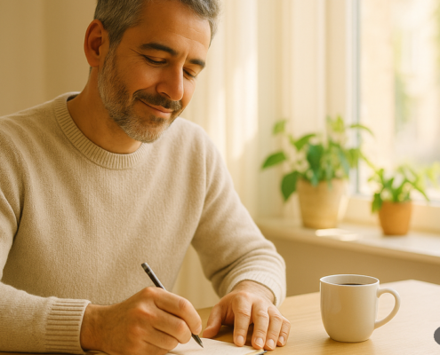 Hombre escribiendo en una libreta junto a un ventanal por la mañana: cuándo pedir ayuda profesional