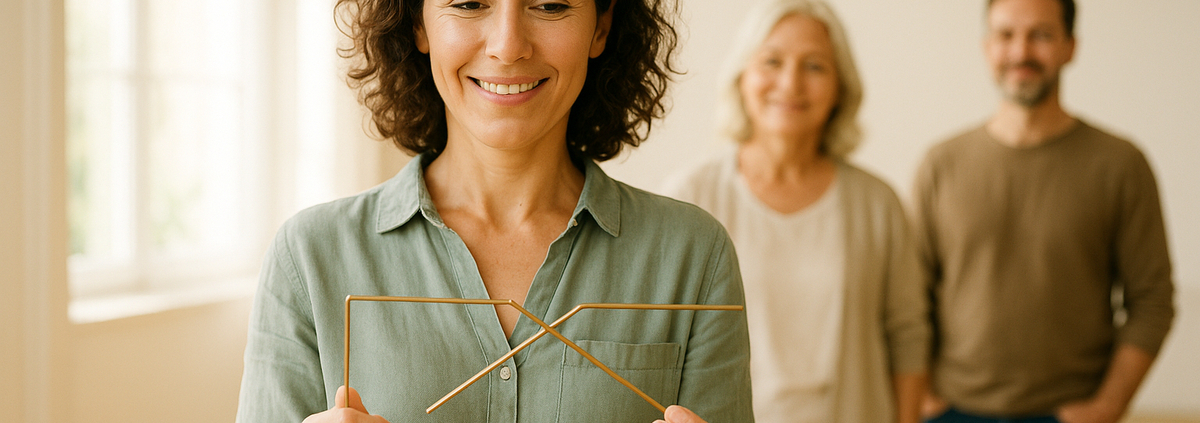 Mujer sonriente practicando con varillas en una sala luminosa: programa de un retiro espiritual de un día
