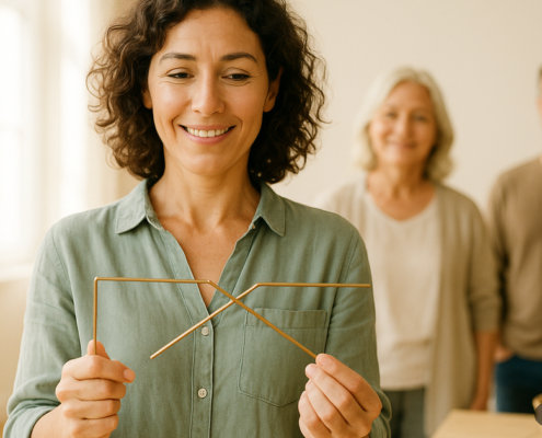 Mujer sonriente practicando con varillas en una sala luminosa: programa de un retiro espiritual de un día