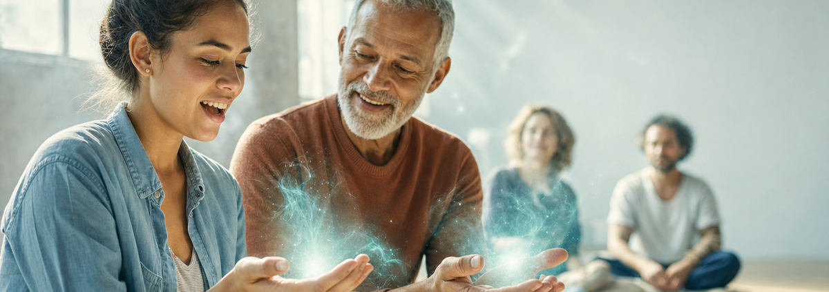 Grupo de adultos practicando con las manos en una sala luminosa: prácticas energéticas para principiantes