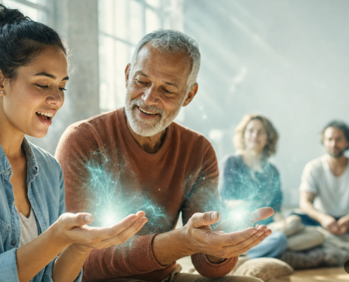Grupo de adultos practicando con las manos en una sala luminosa: prácticas energéticas para principiantes