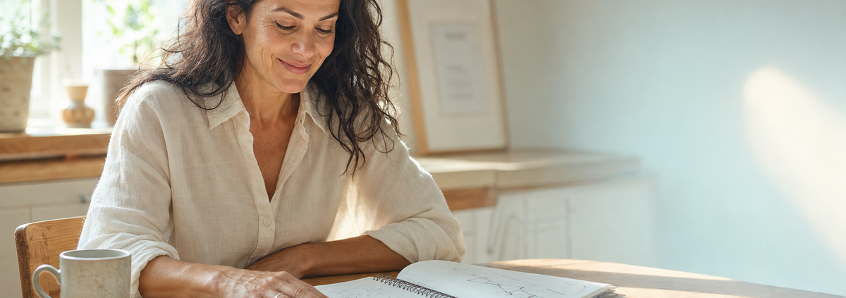 Mujer leyendo un manual de ejercicios en una mesa soleada: curso de energía presencial Valencia