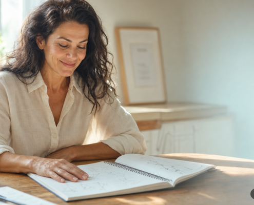 Mujer leyendo un manual de ejercicios en una mesa soleada: curso de energía presencial Valencia